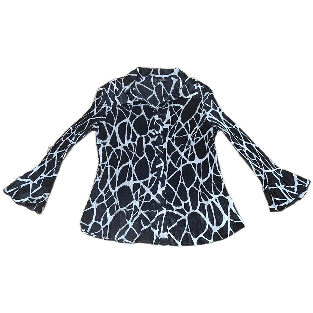 Serenade New York Womens Large Black White Abstract Print Bell Sleeve Blouse Top